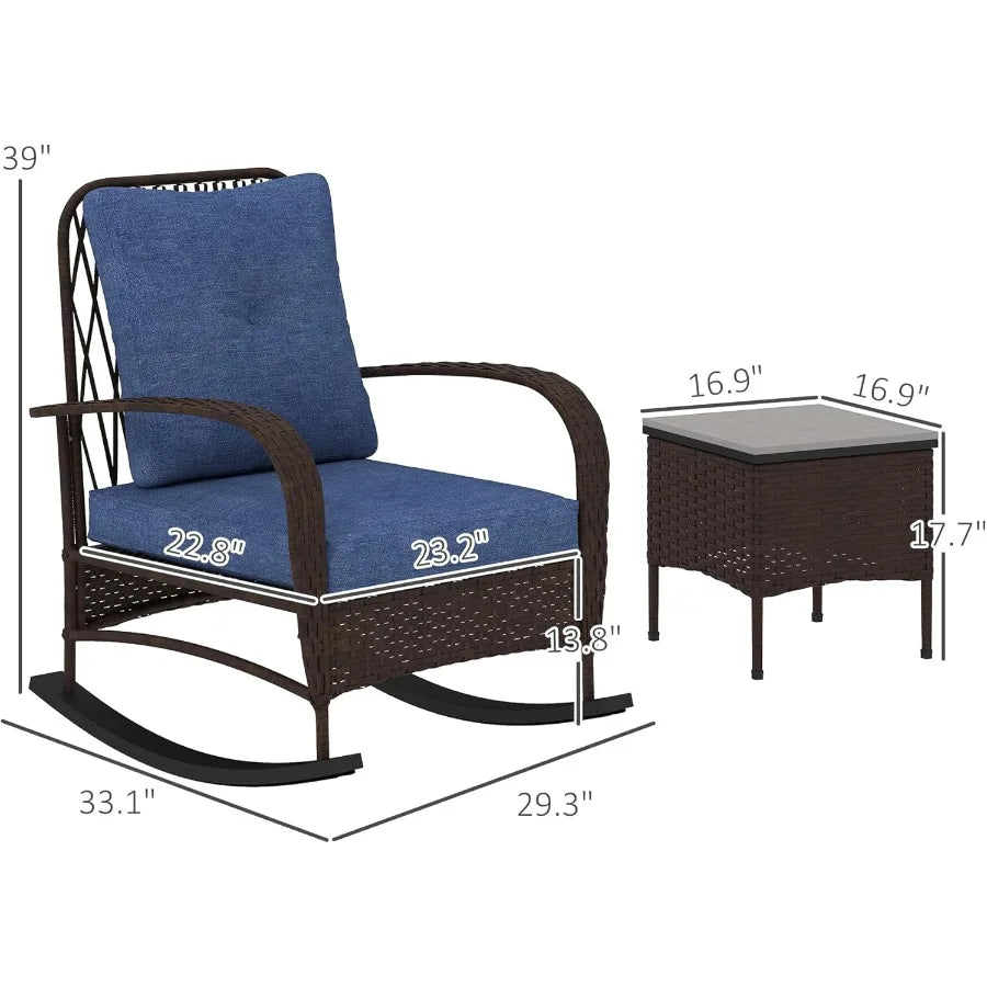 3 Piece Wicker Patio Set with Rattan Rocking Chairs Coffee Table and Cushions