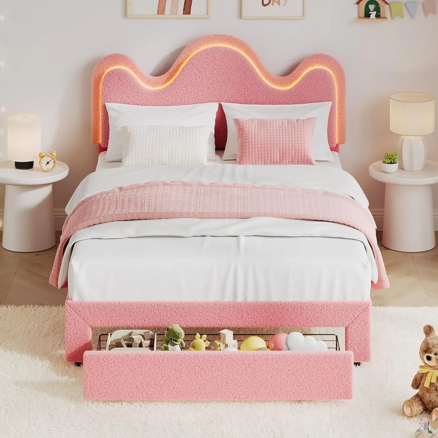 TWIN Size Princess Bed Frame, Upholstered with Flower Headboard