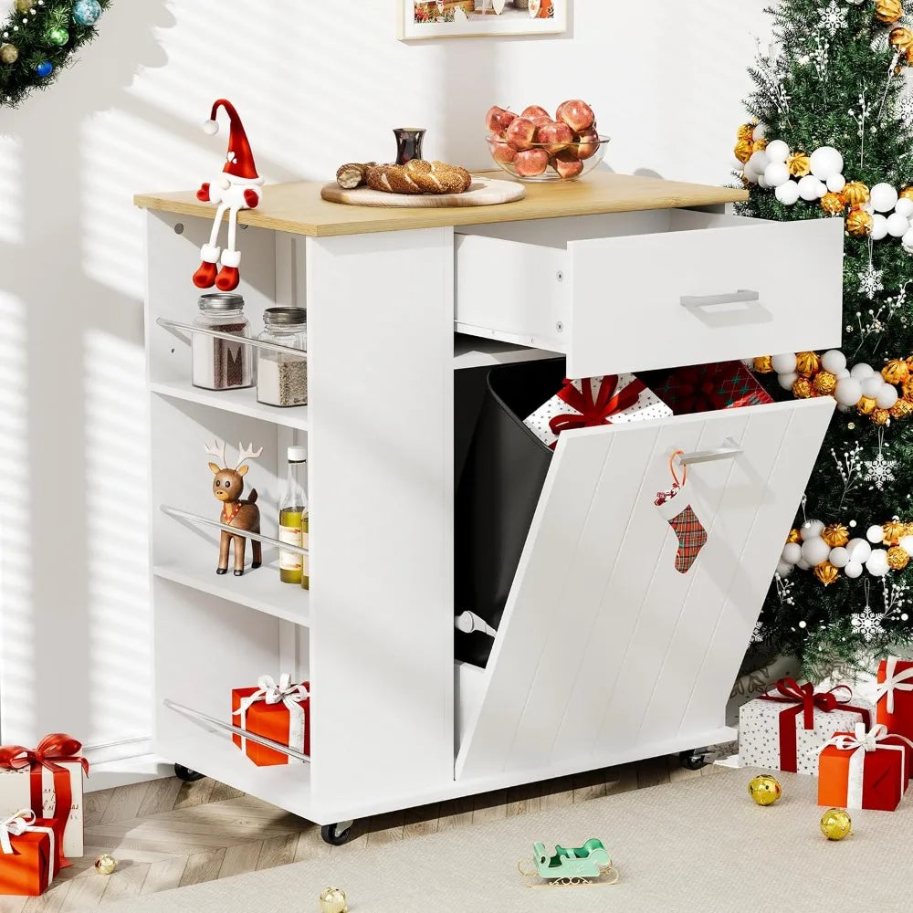 Rolling Kitchen Island with Trash Can Storage