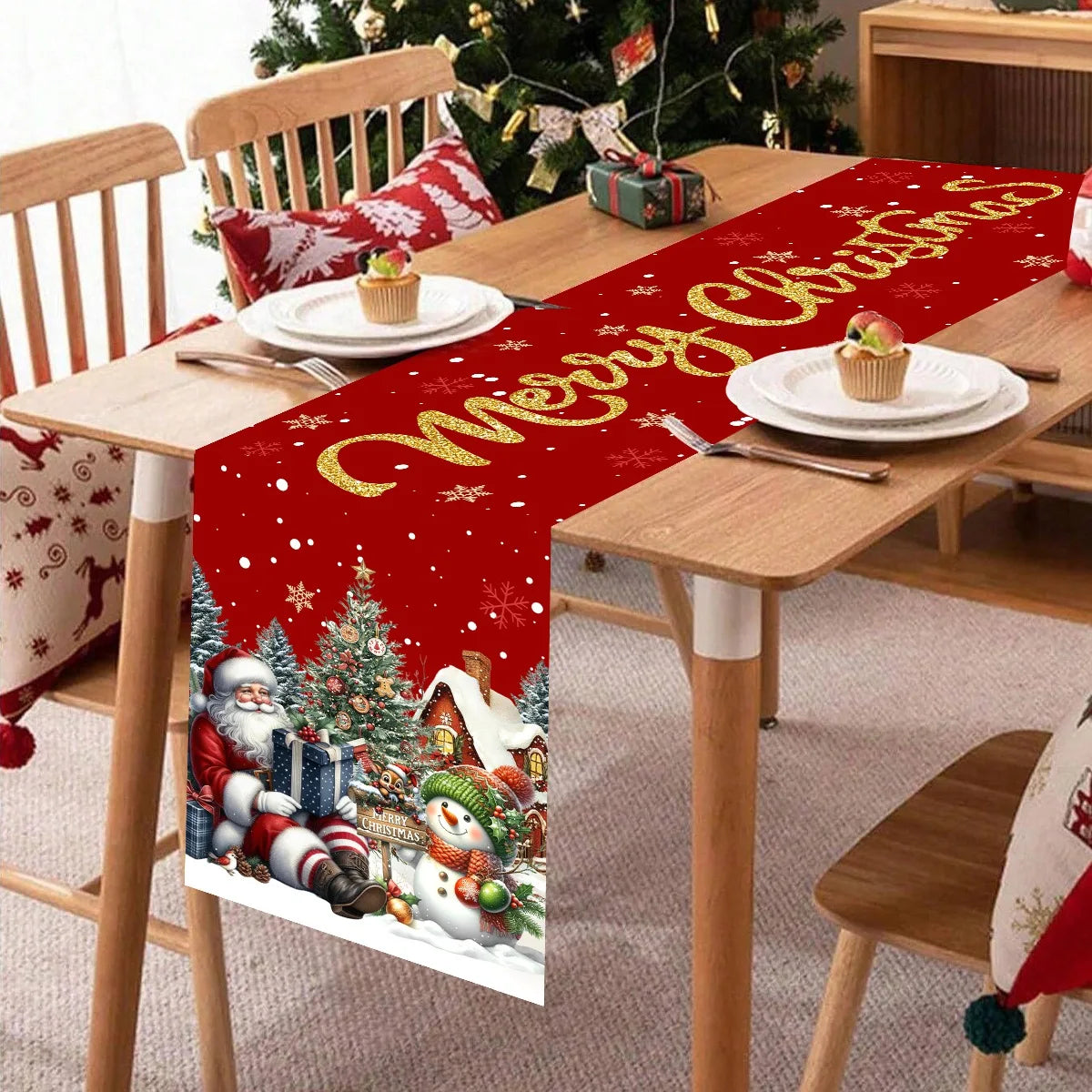 Red Christmas Santa Snowman Table Runner