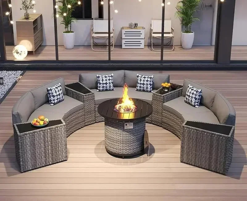 outdoor patio half-moon furniture. Grey rattan