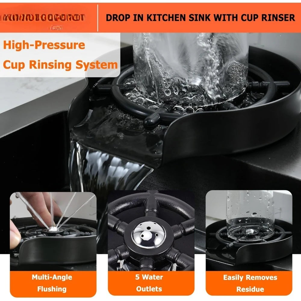 33x22 Inch Drop In Kitchen Sink and Faucet Combo Black Stainless Steel