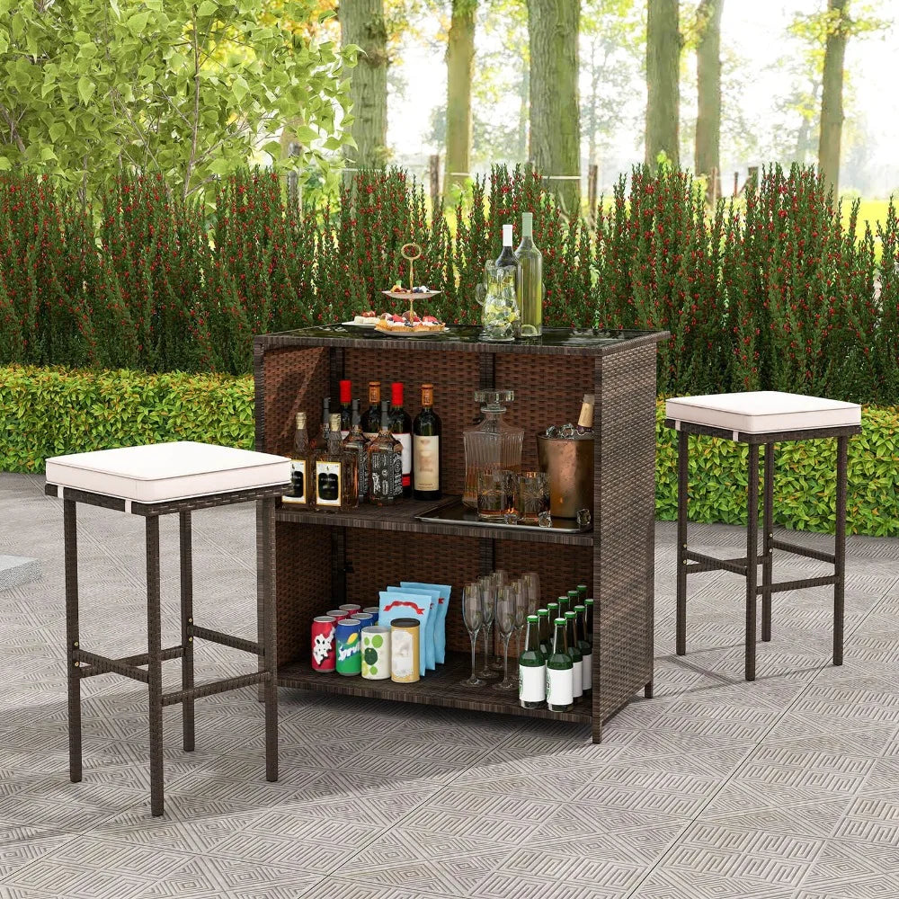 3 PCS Patio Bar Set w/ Tempered Glass Tabletop 2-Tier Storage Removable Cushions