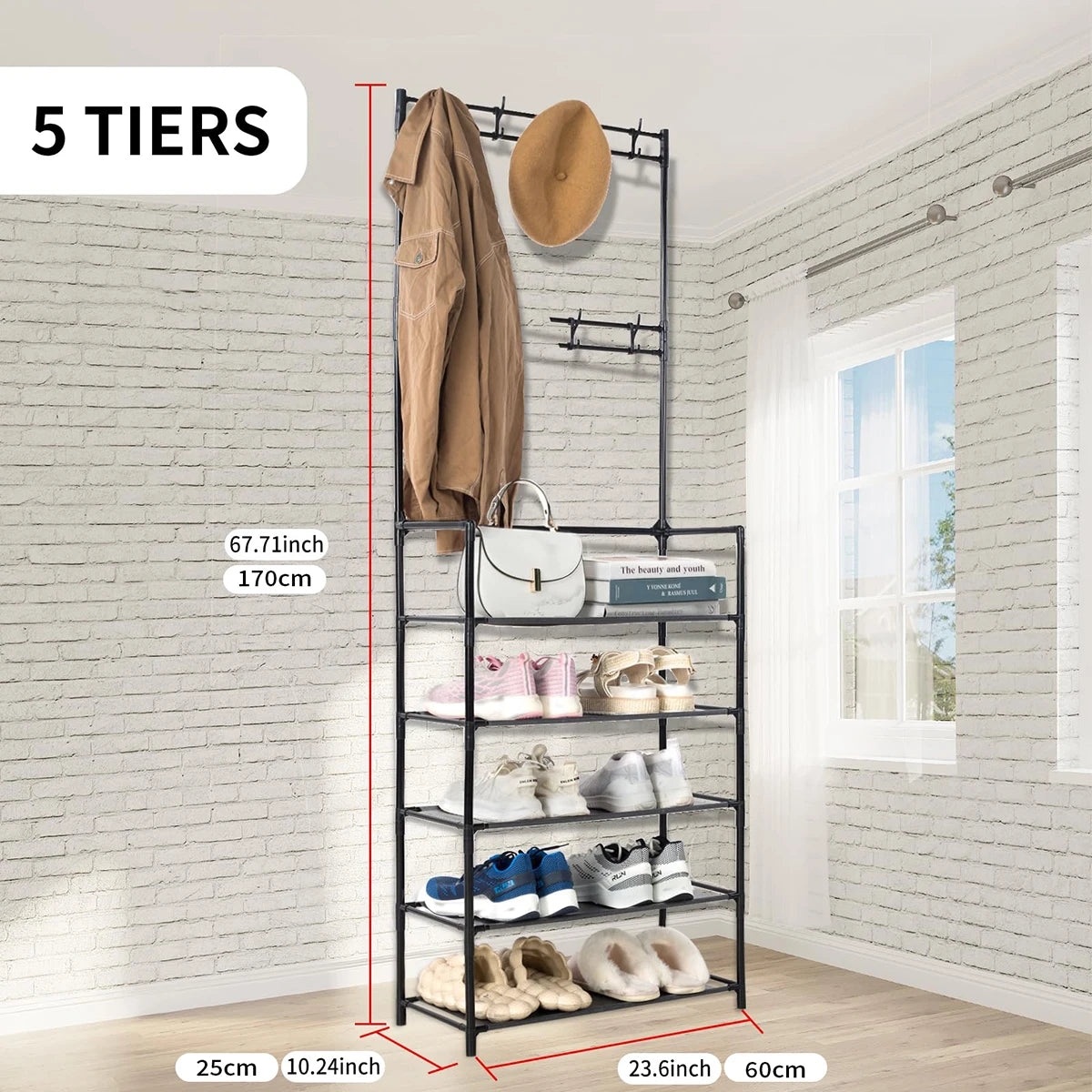 Entryway Coat Rack, Shoe Rack, with 4-Tier Storage Shelves and 8 Double Hooks