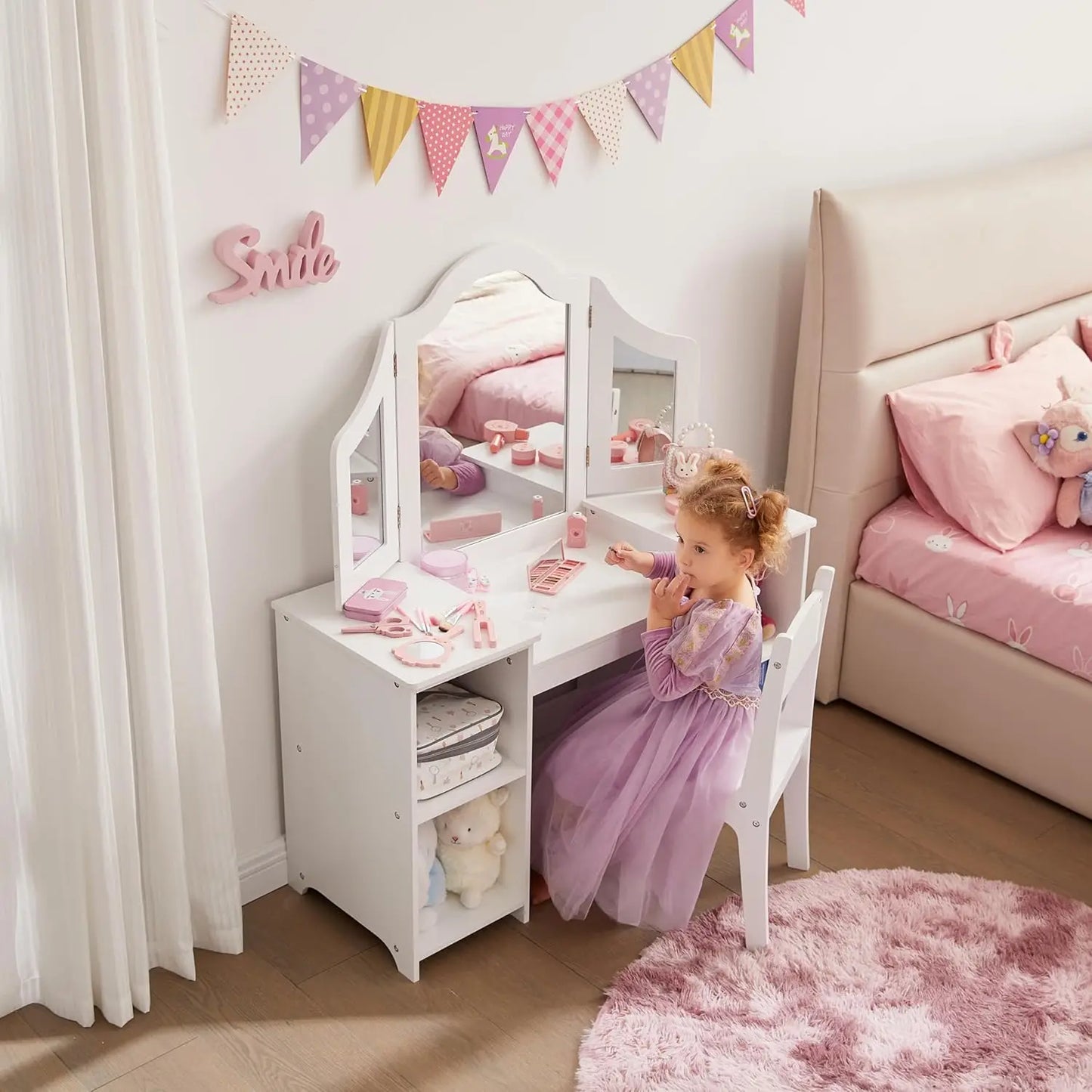 2 in 1 Kids Vanity with Mirror & Chair, White