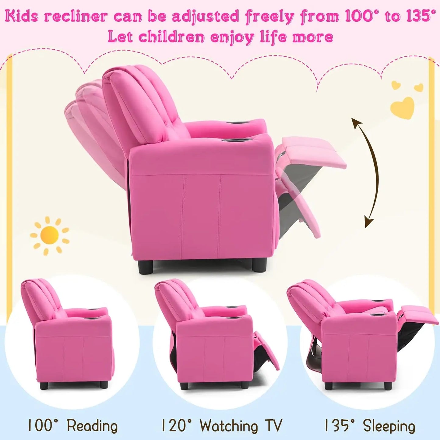 Kids Recliner Chair, PU Leather Sofa with Cup Holder