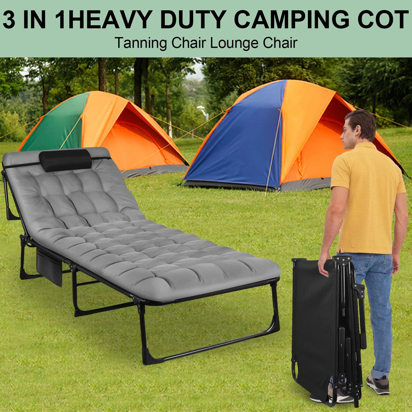 Portable Folding Camping Cot - 3-Position Adjustable