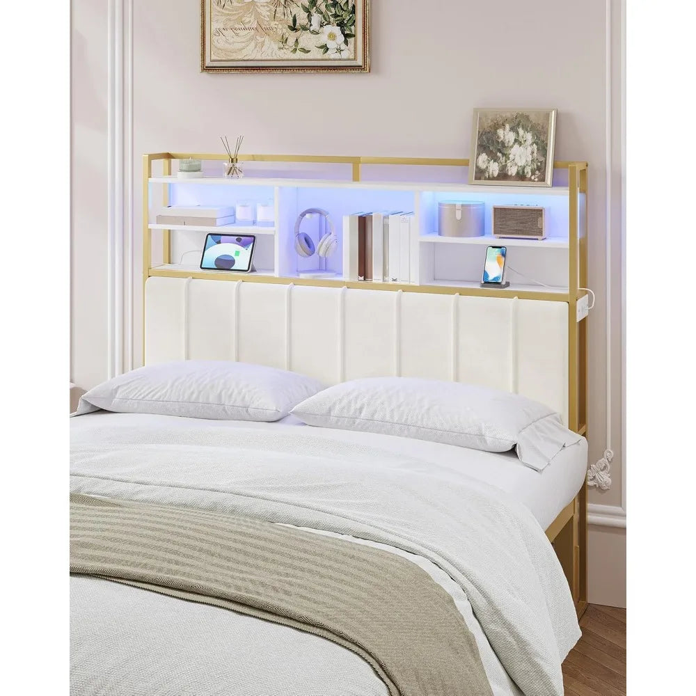 Velvet-Covered Headboard with 3-Tier Storage,