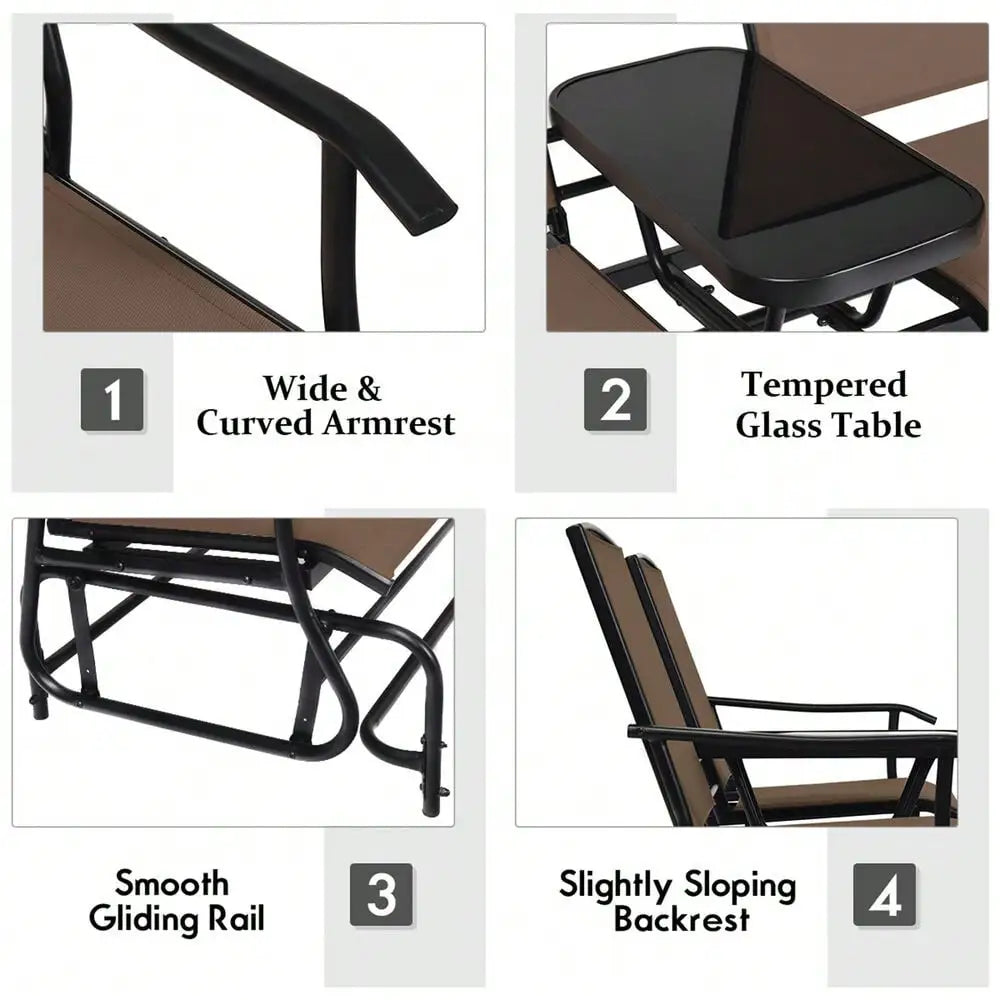 2-Person Glider Rocking Chair Loveseat w/ Tempered Glass Table Brown