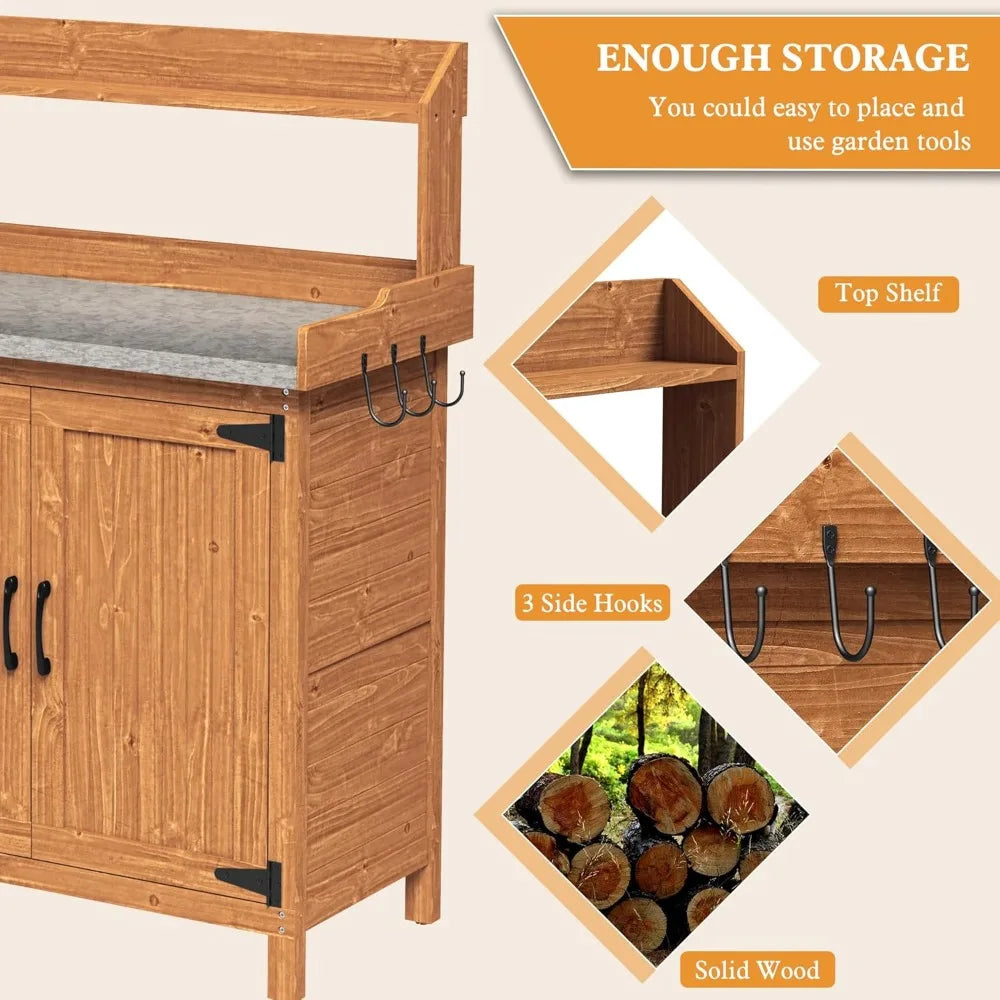 Wooden Garden Potting Table with Metal Tabletop and Removable Shelf