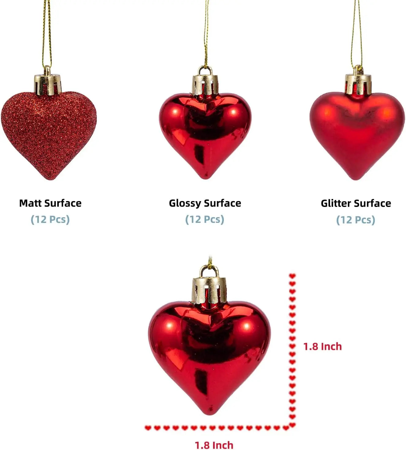 36 PCS Heart Shaped Ornaments Romantic Love Red Hearts
