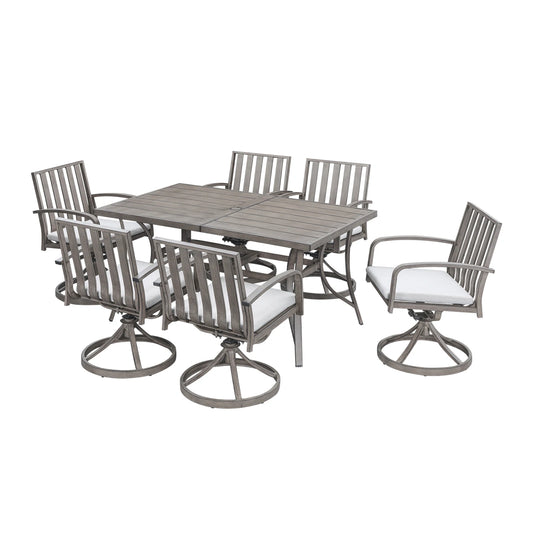 7-Piece Patio Dining Set, Aluminum Table with 6 Swivel Chairs and Cushions, Umbrella Hole, Deck, Garden, Limed Oak