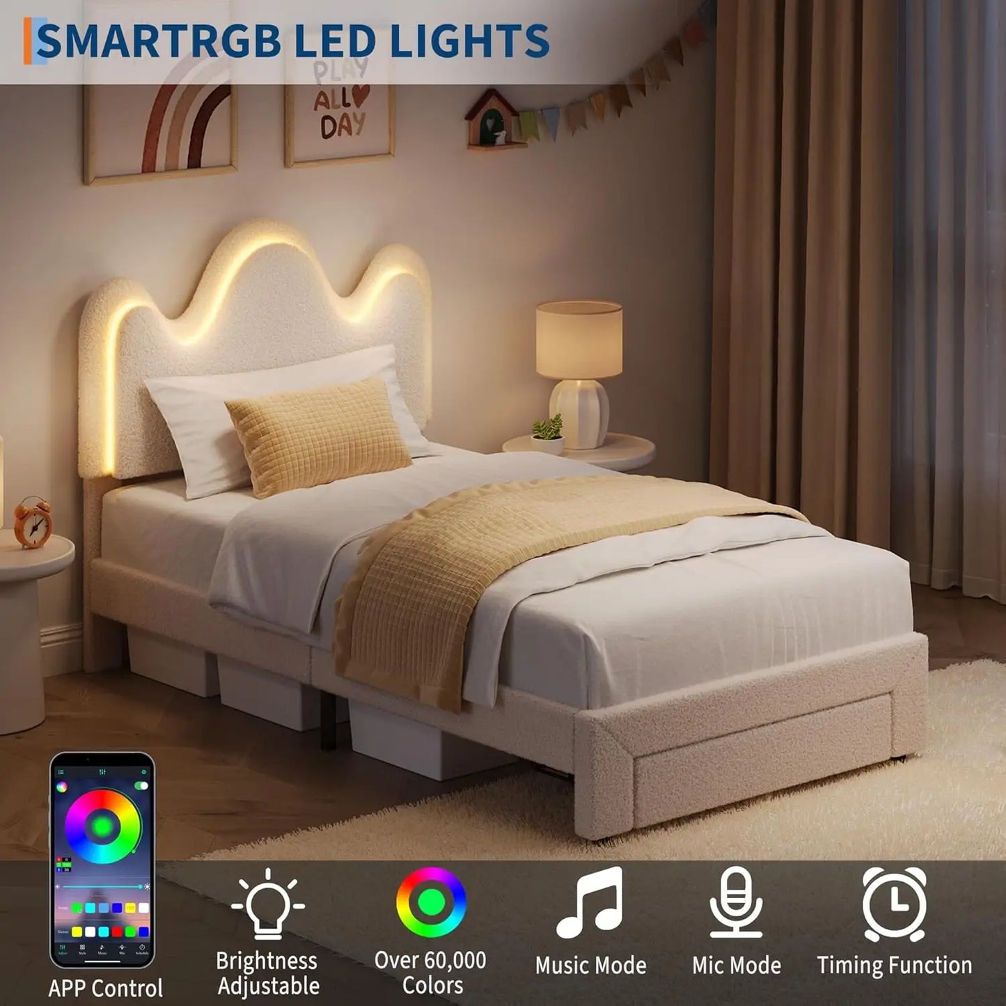 TWIN Size Princess Bed Frame, Upholstered with Flower Headboard