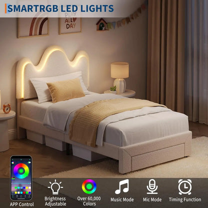 TWIN Size Princess Bed Frame, Upholstered with Flower Headboard