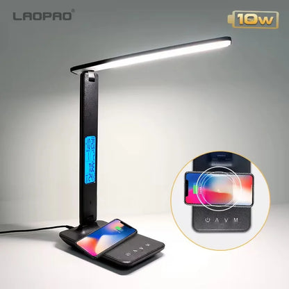 10W QI Wireless Charging LED Desk Lamp USB Charging Port Sliding Dimmable Auto Timer with Night Light Table Lamp