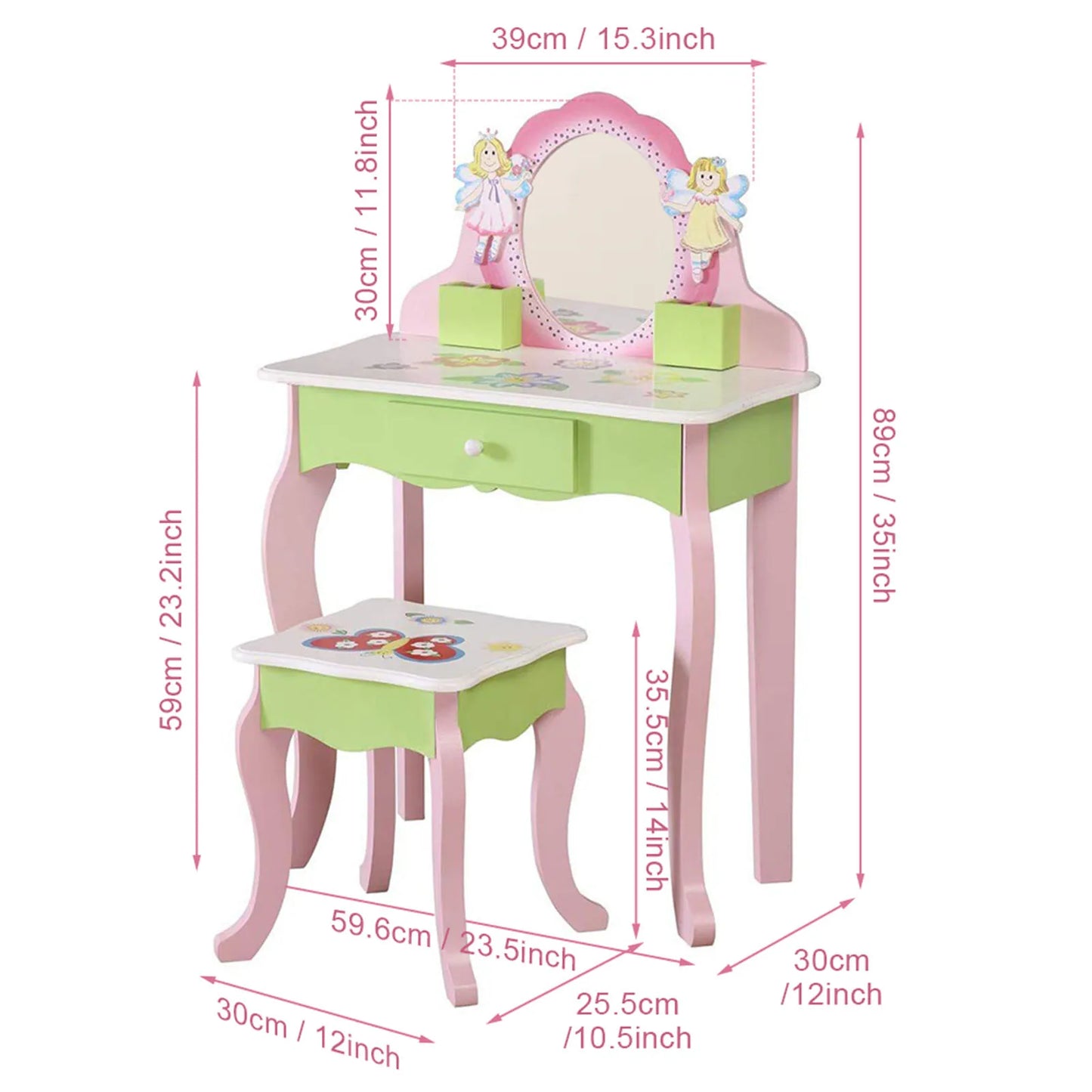 Kids Vanity Set Makeup Table Chair Set with Mirror Drawer