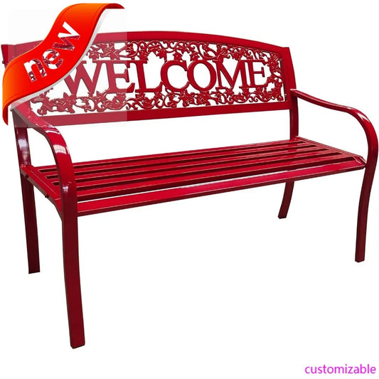 Red Metal 4-Foot Outdoor Welcome Bench for Patio and Garden Seating
