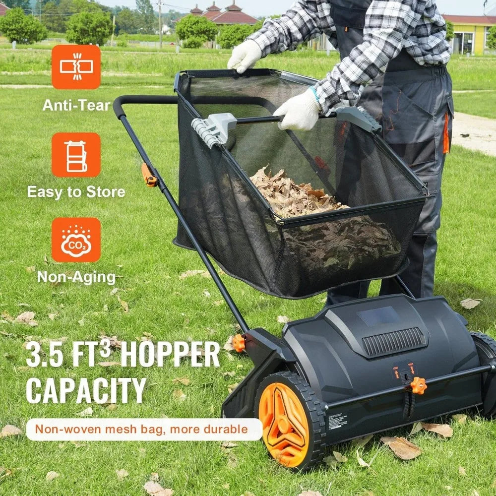 21-Inch Heavy-Duty Steel Lawn Sweeper with Adjustable Brush, 3.5 Cubic Foot Bag, and Rubber Wheels
