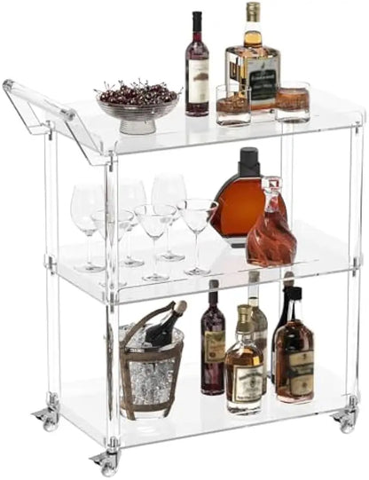 Acrylic Bar Cart with 4 Lockable Wheels, 30.5" L x 15.2" W x 34.5" H, Rolling Serving Cart, Modern, 3-Tier, Clear