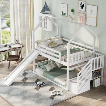Twin Over Twin Bunk Bed with Slide, Solid Wood