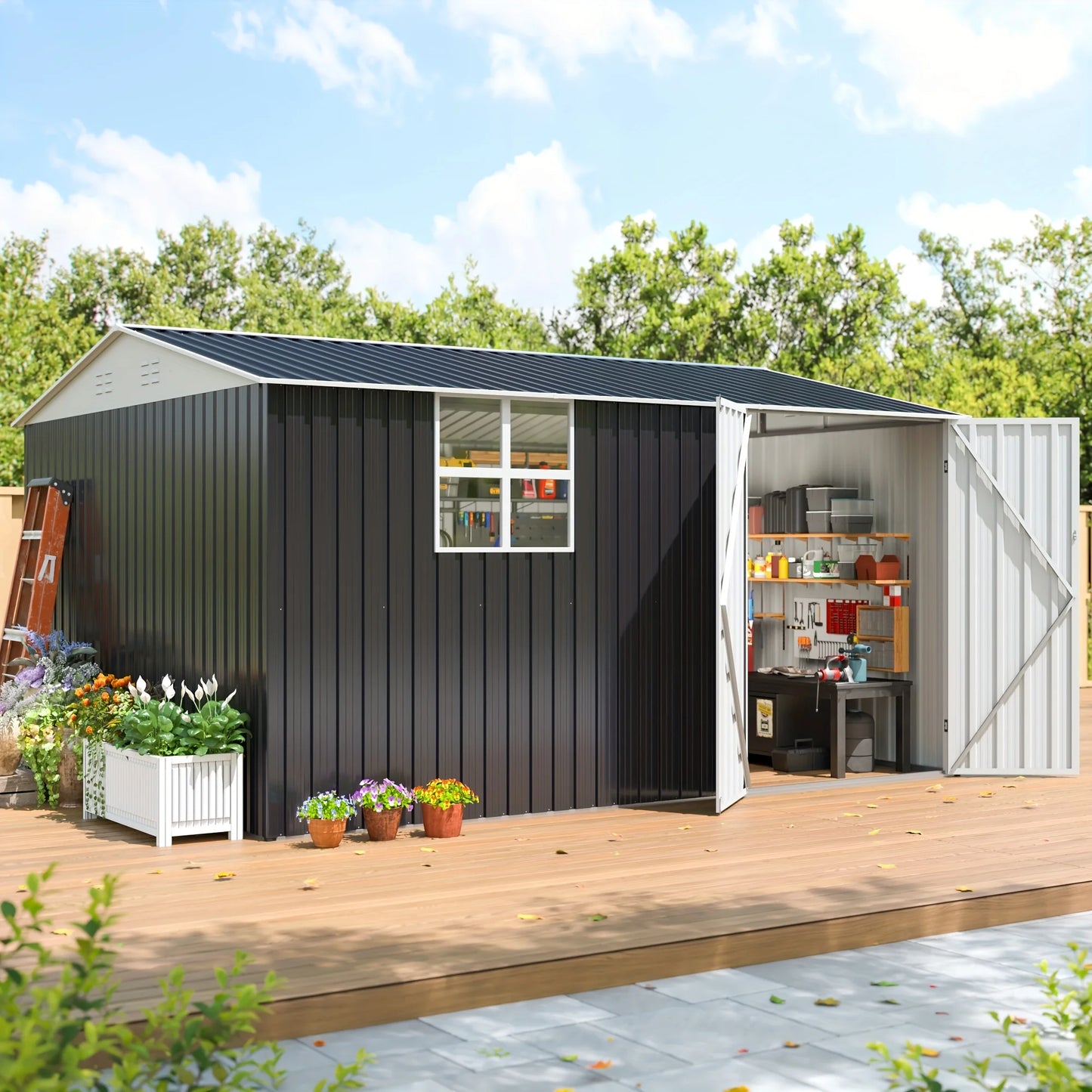 10x12 FT Outdoor Metal Storage Shed with Windows