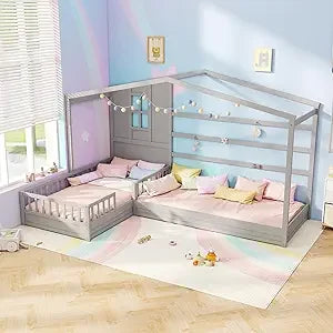 L Shaped Twin Beds for Kids Double, Wooden, Fence & Slats