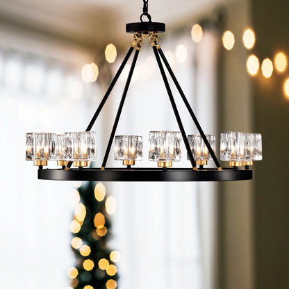 Matte Black + Gold Wagon Wheel Chandelier