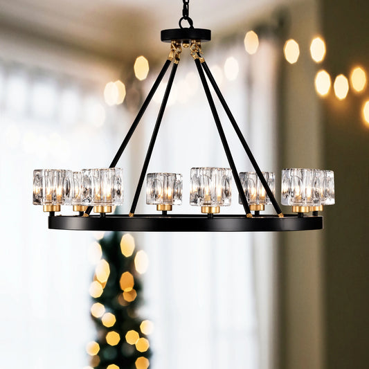 Matte Black + Gold Wagon Wheel Chandelier