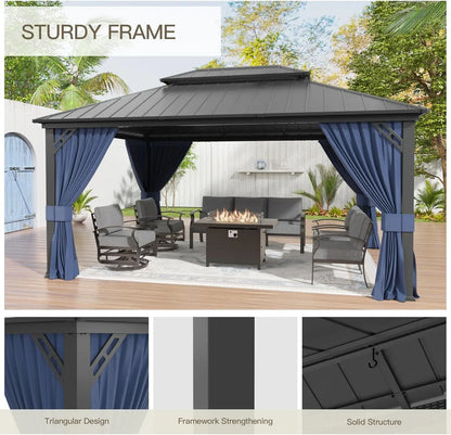 12'x16' Hardtop Gazebo Galvanized Steel Metal Double Roof Gazebo with Curtains and Netting