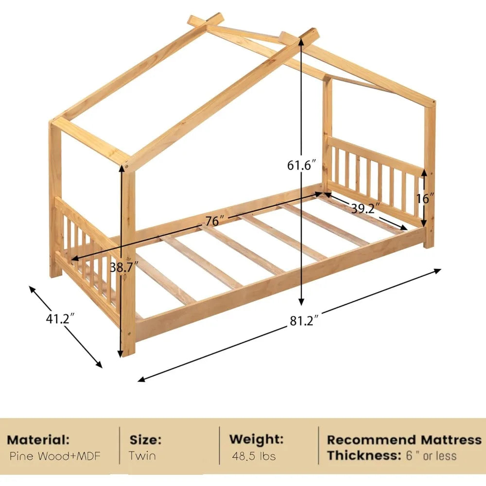Floor House Bed Frame Twin Size with Headboard & Footboard