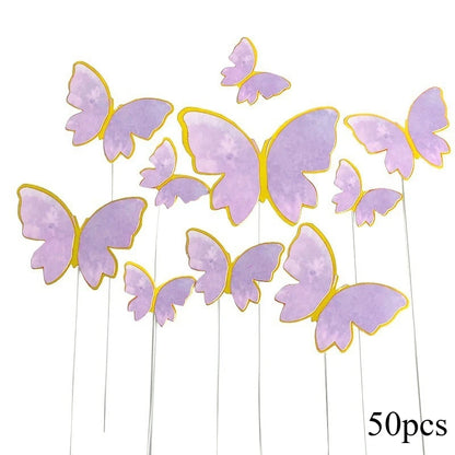 10/50pcs Butterfly Cake Toppers, Elegant Purple & Pink Paper Decorations