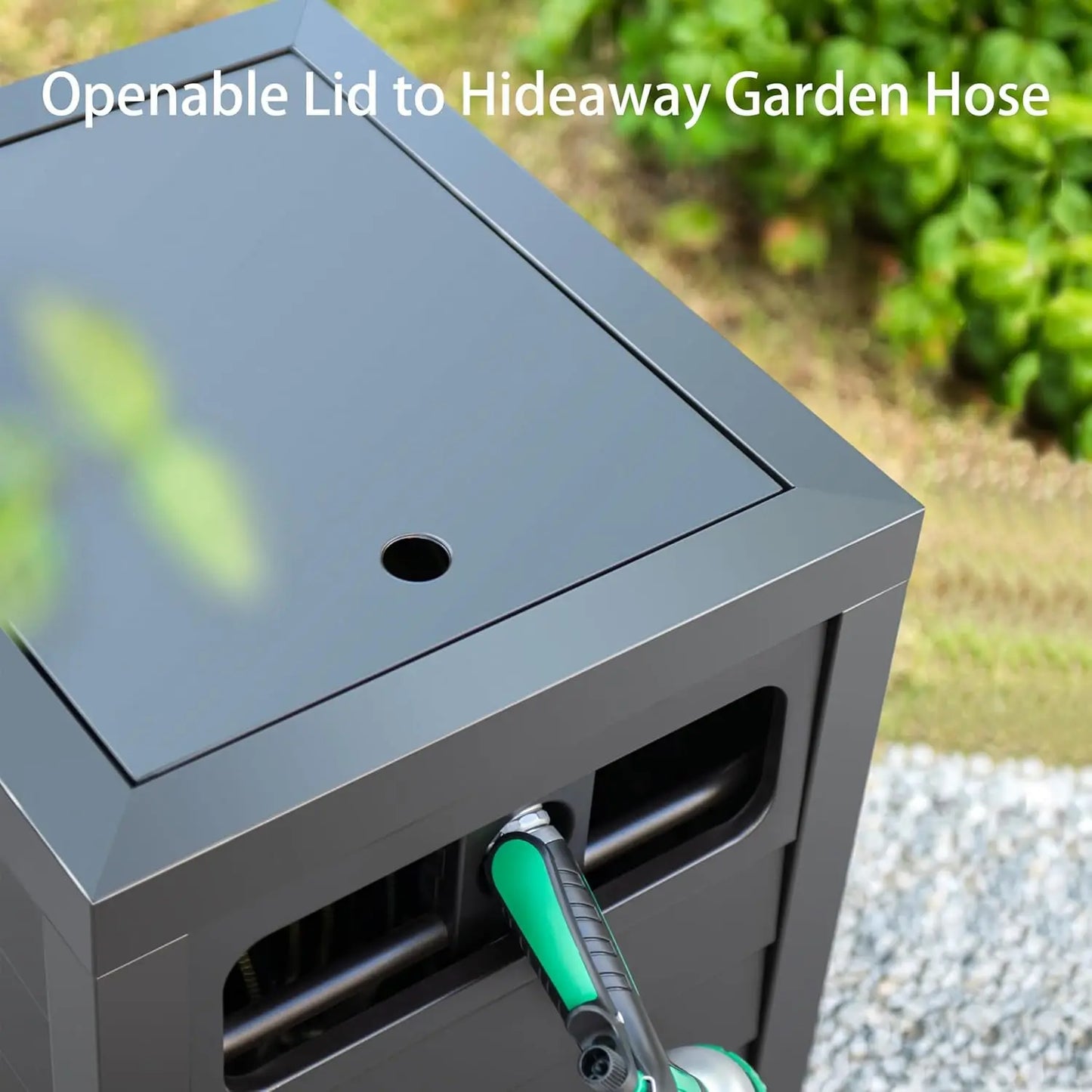 Metal Garden Hose Reel Deck box Cabinet, 150ft 5/8" Garden Hose Capacity.