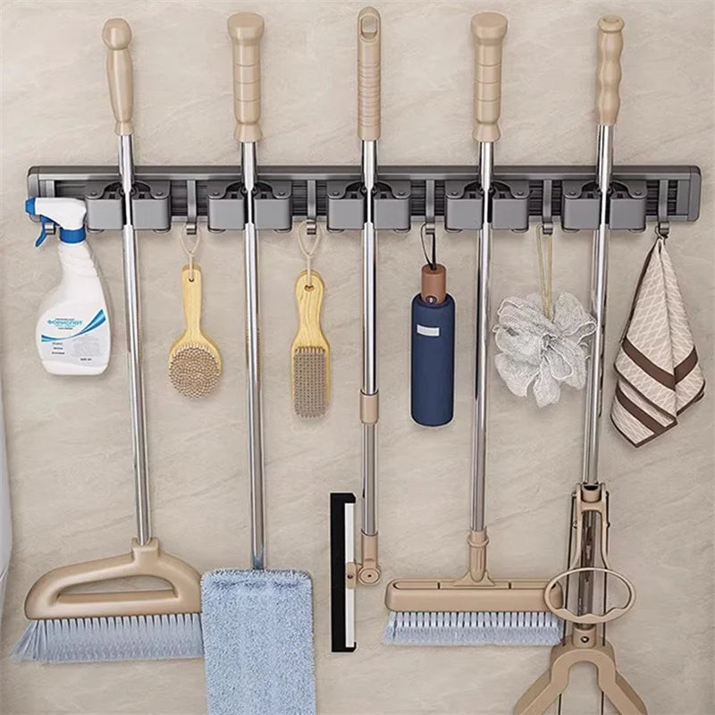 3/4 Hooks, Mop Holder Broom Organizer Rack