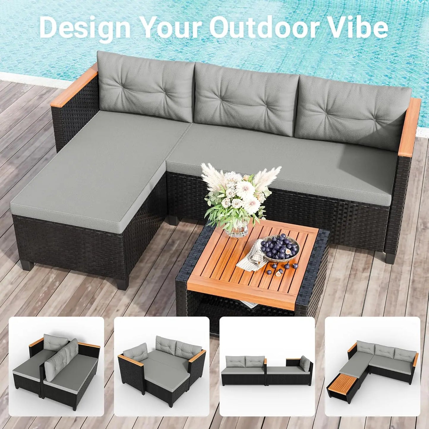 All-Weather PE Rattan Outdoor Sectional Sofa Set with Storage Table and Cushions