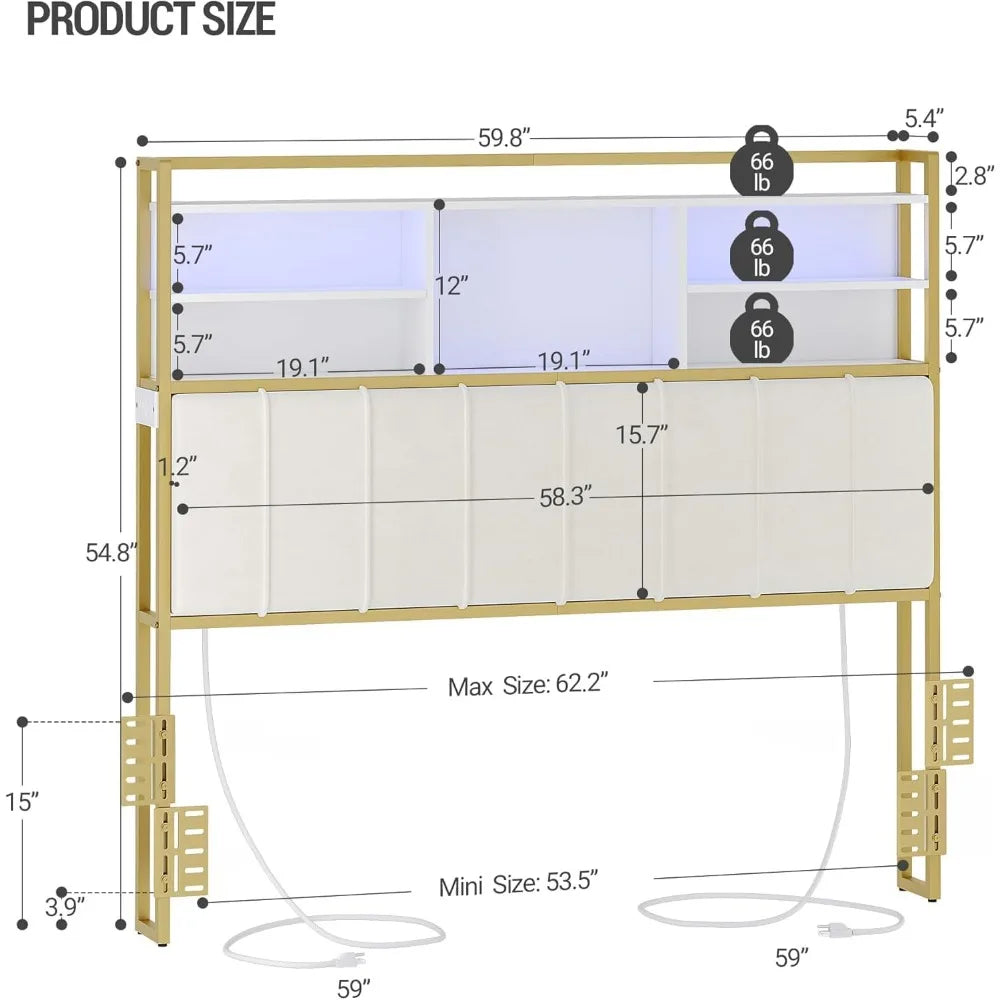 Velvet-Covered Headboard with 3-Tier Storage,