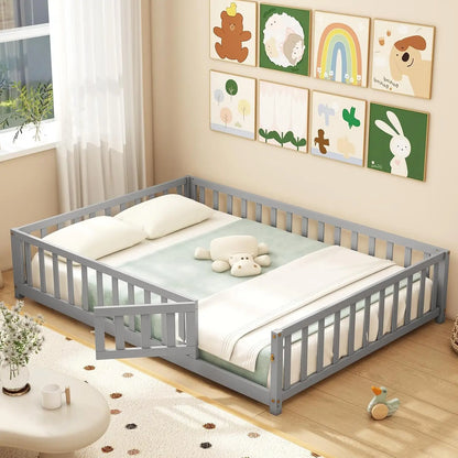 Full Size Kids Floor Bed, Wood Slats & Safety Guardrails