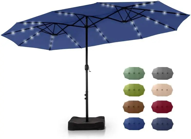 15 ft Rectangle Patio Umbrella with Solar Lights and Base Included