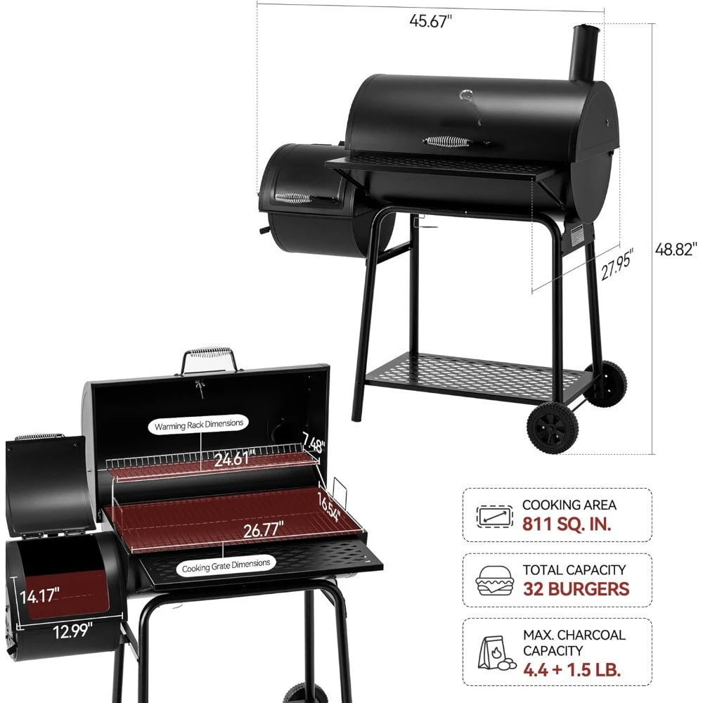 Offset Smoker Charcoal Grill with Cover Large Capacity BBQ Meat Smoker