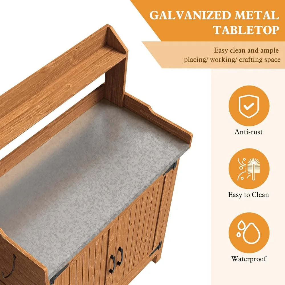 Wooden Garden Potting Table with Metal Tabletop and Removable Shelf