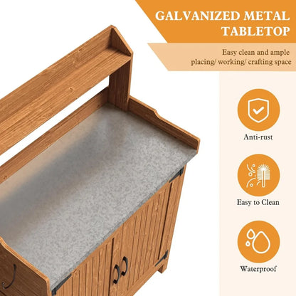 Wooden Garden Potting Table with Metal Tabletop and Removable Shelf