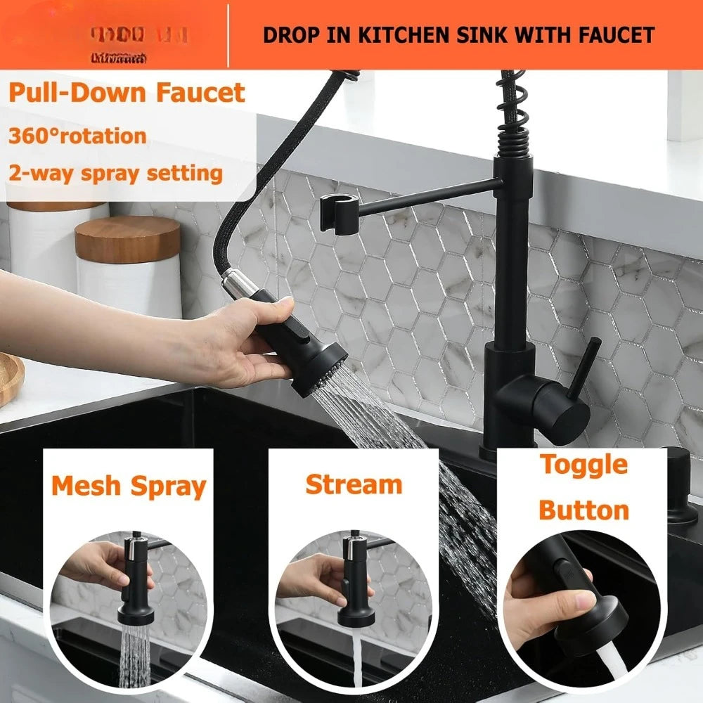 33x22 Inch Drop In Kitchen Sink and Faucet Combo Black Stainless Steel