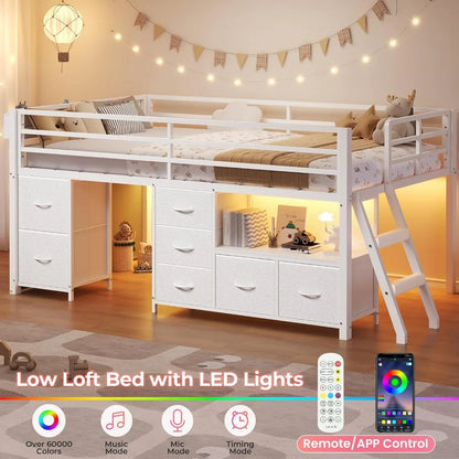 Twin Size Metal Kids Loft Bed with 7 Storage Drawers, Bookcase, LED Lights, and 14 Inches Safety Guardrail