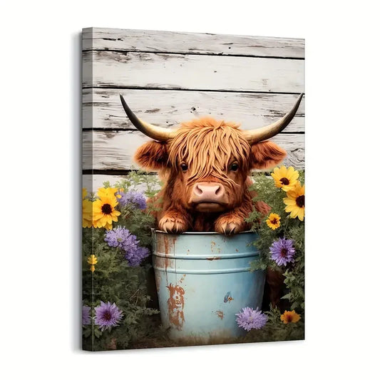 1pc Cute Highland Cow Baby In Bucket Canvas Wall Art