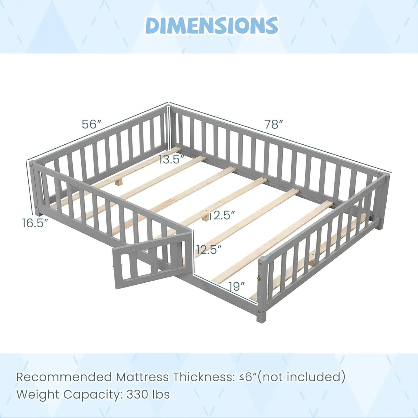 Full Size Kids Floor Bed, Wood Slats & Safety Guardrails