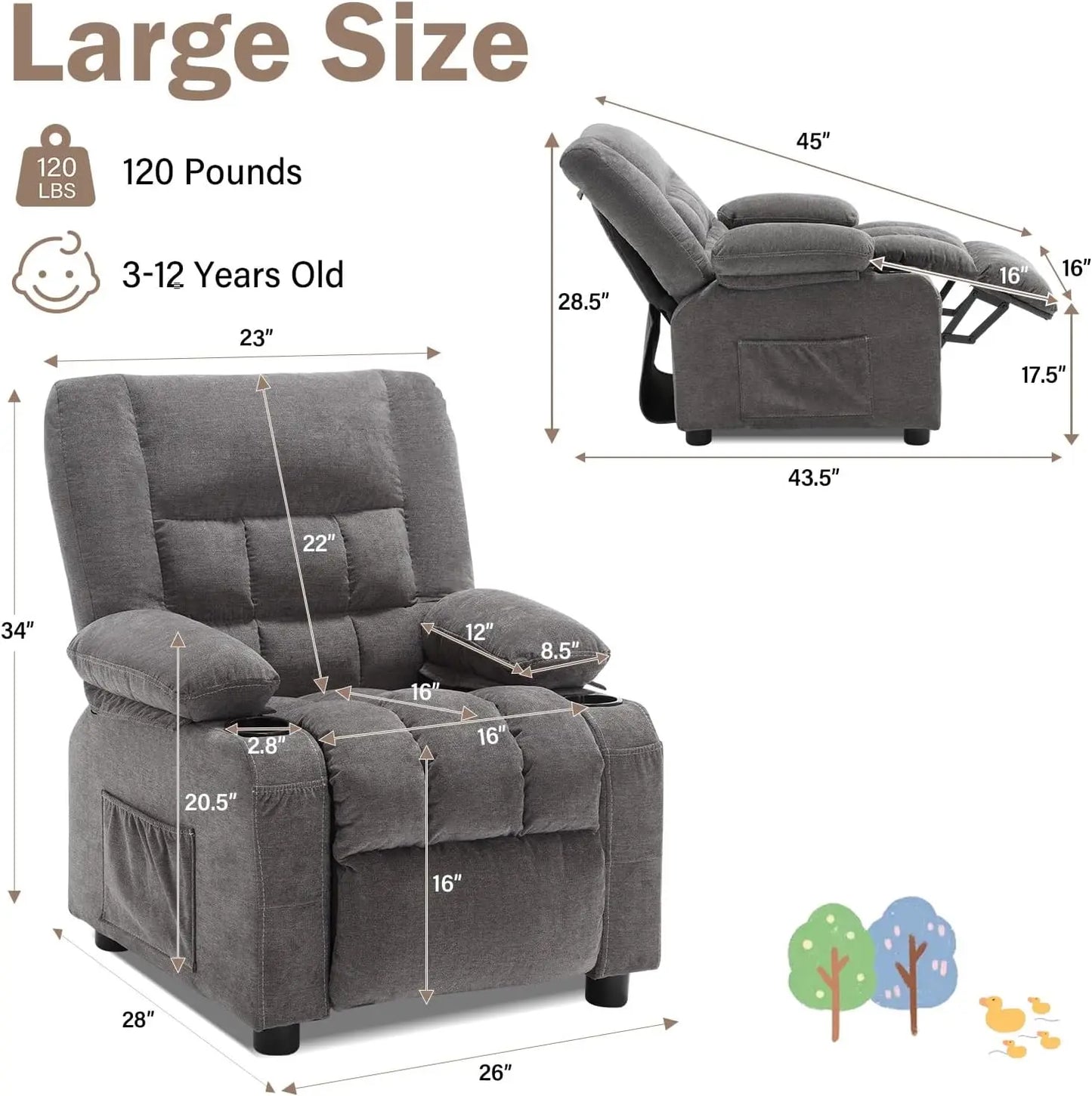 Kids Recliner Chair with Cup Holders, Adjustable Footrest & Headrest, Deep Grey