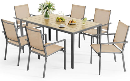 Patio Dining Set 7 Pieces Outdoor Furniture with Large Table and 6 Textilene Chairs