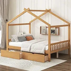Floor House Bed Frame Twin Size with Headboard & Footboard