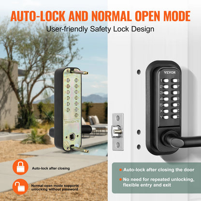 Mechanical Keyless Entry Door Lock Single/Double -Sided 14 Digit Keypad and Handle Embedded