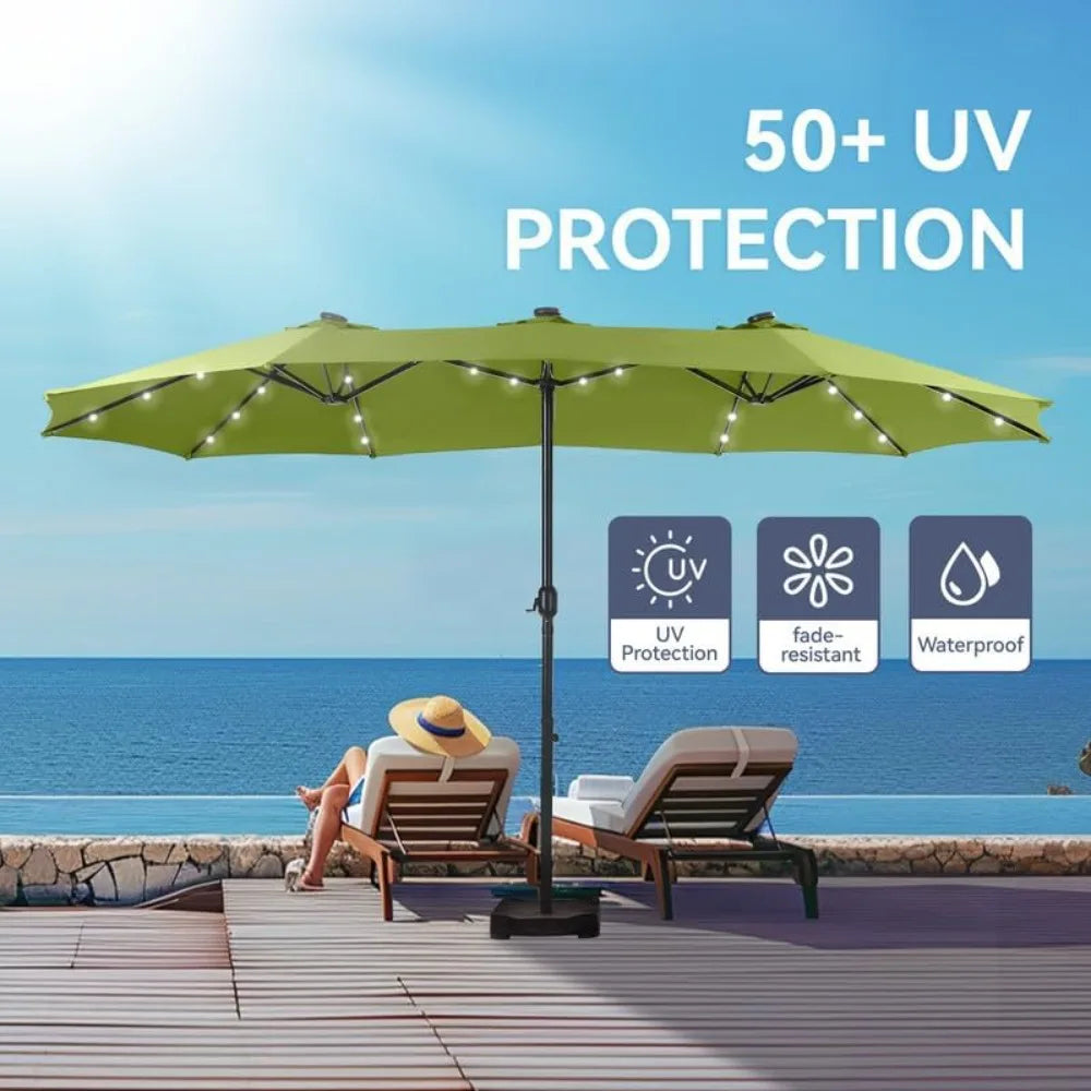 15 ft Rectangle Patio Umbrella with Solar Lights and Base Included
