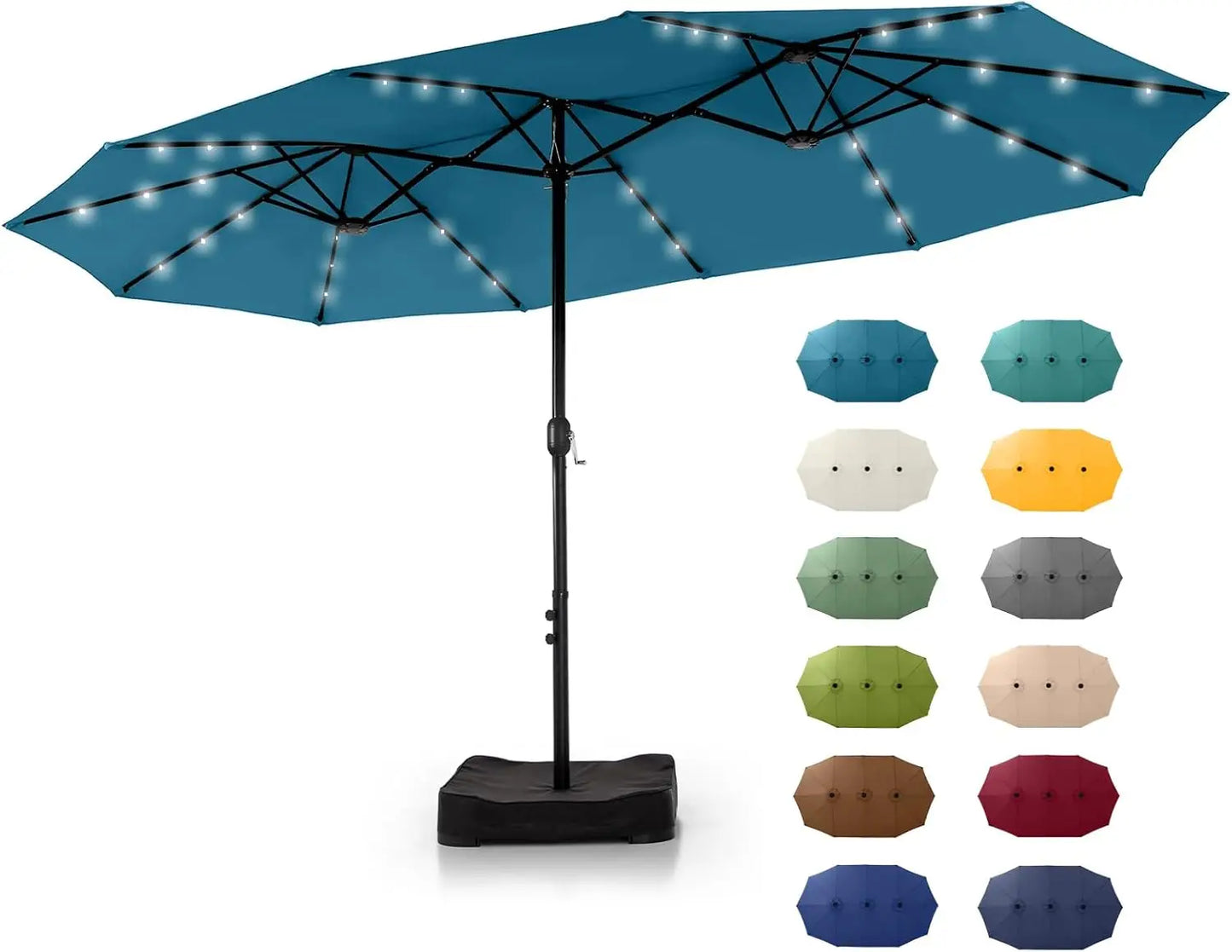 15 ft Rectangle Patio Umbrella with Solar Lights and Base Included